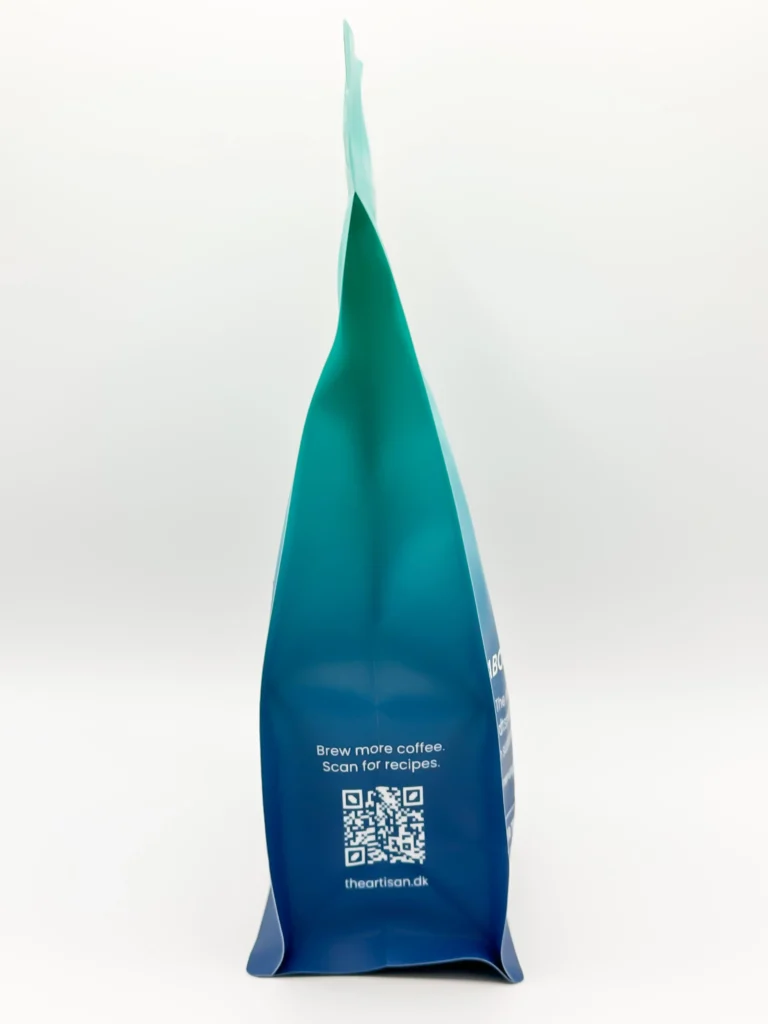 Side angle of The Artisan DA Natural Anaerobic Short Fermented coffee bag showing label details