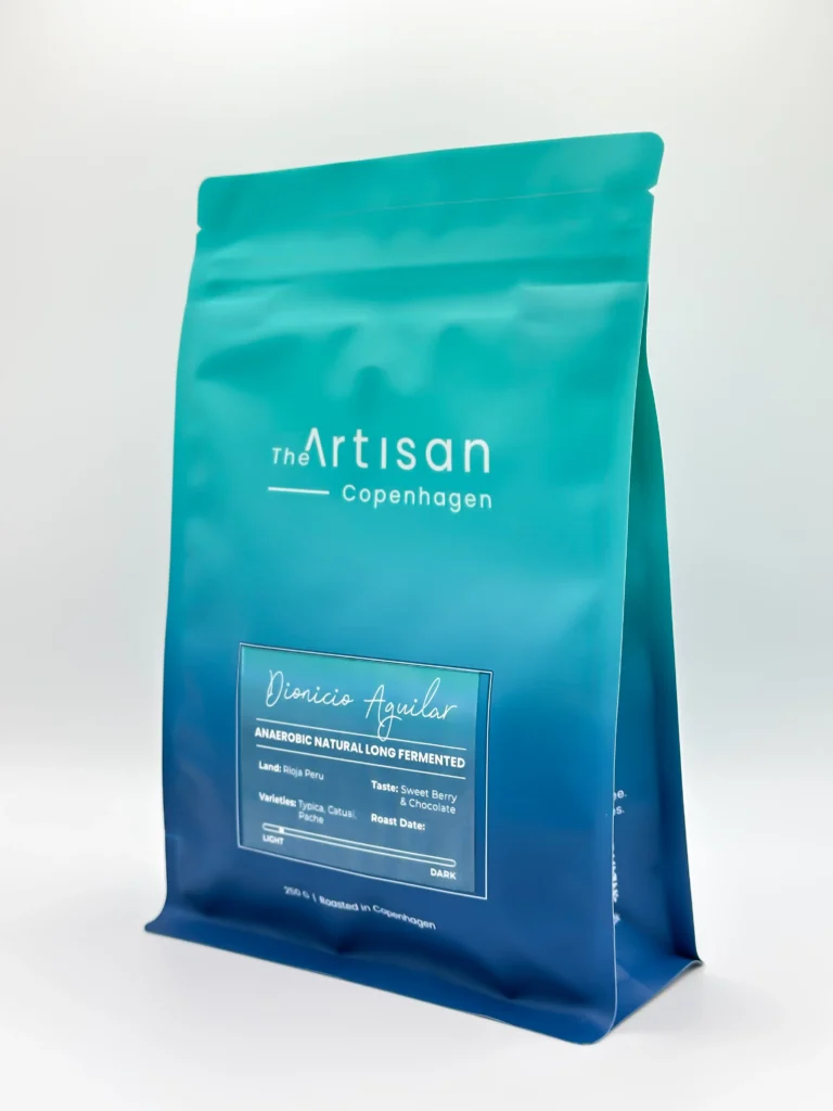 Side angle of The Artisan DA Natural Anaerobic Long Fermented coffee bag showing label and packaging details