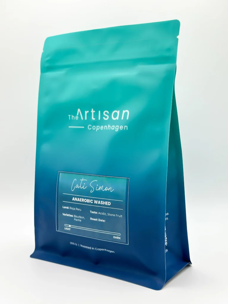 Side angle of The Artisan CS Washed Anaerobic Light Roasted coffee bag showing packaging details