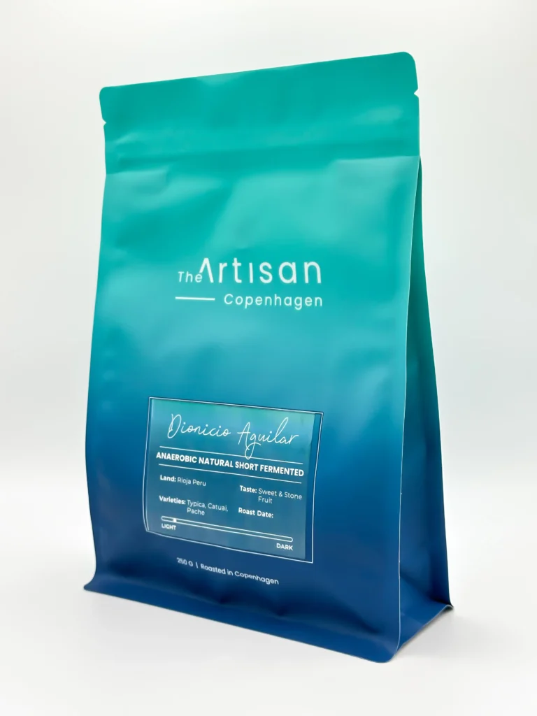 Side angle of The Artisan DA Natural Anaerobic Short Fermented coffee bag showing label details